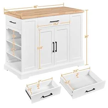 Yaheetech Rolling Kitchen Island Cart with 3 Drawers, Kitchen Storage Cabinet on Wheels with Open Shelves and Inner Adjustable Shelves for Dining Room/Living Room, Thicker Rubberwood Top, White