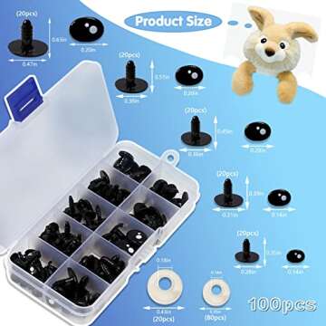 200Pcs Plastic Safety Eyes, 5 Size Craft Eyes Black Stuffed Crochet Eyes with Washers for Crochet Craft, Puppet, Plush Animal Making and Teddy Bear