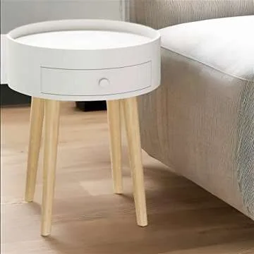 Royard Oaktree Round End Table with Drawer White Sofa Side Coffee Table for Living Room Wooden Night Stand Bedside Table for Bedroom Furniture