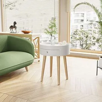 Royard Oaktree Round End Table with Drawer White Sofa Side Coffee Table for Living Room Wooden Night Stand Bedside Table for Bedroom Furniture