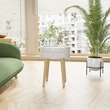 Royard Oaktree Round End Table with Drawer White Sofa Side Coffee Table for Living Room Wooden Night Stand Bedside Table for Bedroom Furniture