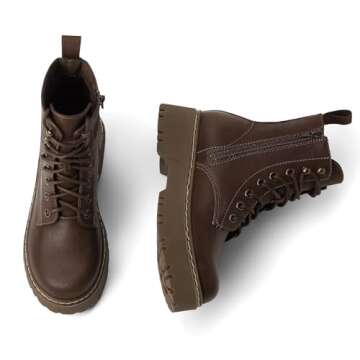 SEEKAVAN Women's Combat Ankle Boots Lace up Platform Lug Sole Chunky Low Heel Booties with Side Zipper