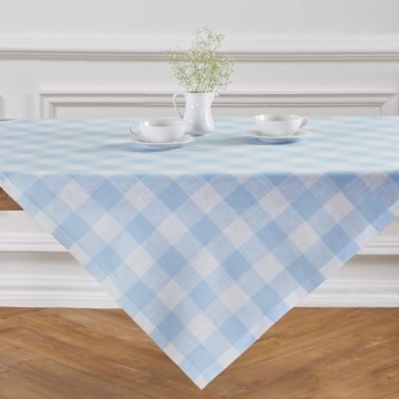 Solino Home Buffalo Check Linen Tablecloth – 52 x 52 Inch Blue Bell Check