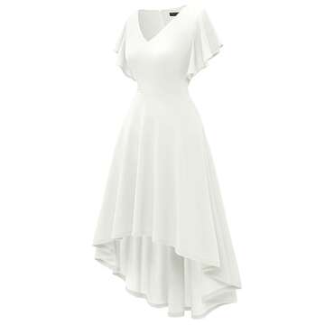 DRESSTELLS Formal Dresses for Women Wedding Guest, White Modest Prom Church Dress, High Low Cocktail Party Evening Dress, Fit Flare Holiday Midi Dress 2024 White M