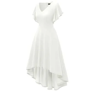 DRESSTELLS Formal Dresses for Women Wedding Guest, White Modest Prom Church Dress, High Low Cocktail Party Evening Dress, Fit Flare Holiday Midi Dress 2024 White M