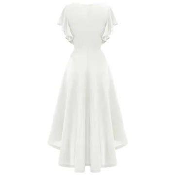 DRESSTELLS Formal Dresses for Women Wedding Guest, White Modest Prom Church Dress, High Low Cocktail Party Evening Dress, Fit Flare Holiday Midi Dress 2024 White M