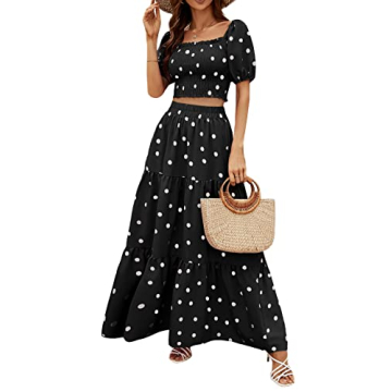 Rooscier Women's 2 Piece Outfit Polka Dots Shirred Crop Top Beach Maxi Skirt Set Black Small