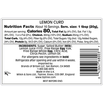 Tiptree Lemon Curd 11oz Jar, Zesty Flavoring for Desserts