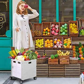 Foldable Shopping Utility Cart Portable Rolling Crate Handcart with 360°Rotate Wheel,Hidden Lid,Tel...