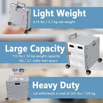 Foldable Shopping Utility Cart Portable Rolling Crate Handcart with 360°Rotate Wheel,Hidden Lid,Telescoping Handle Collapsible for Travel Shopping Moving Storage Office Use(White/Gray)