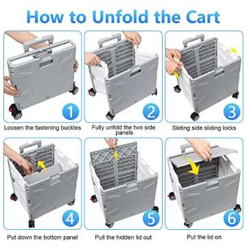 Foldable Shopping Utility Cart Portable Rolling Crate Handcart with 360°Rotate Wheel,Hidden Lid,Telescoping Handle Collapsible for Travel Shopping Moving Storage Office Use(White/Gray)