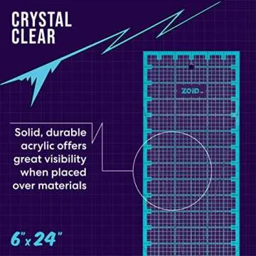 Zoid 6-1/2" X 24" Acrylic Ruler, Reversible Ruler for Measuring, Quilting Ruler, Slip-Resistant Ruler, Clear