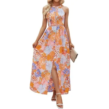 ZESICA Women's 2024 Summer Halter Neck Floral Print Backless Split Beach Party Maxi Dress,Tangerine,...