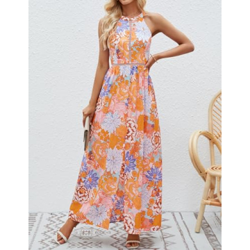 ZESICA 2024 Summer Halter Neck Floral Print Dress