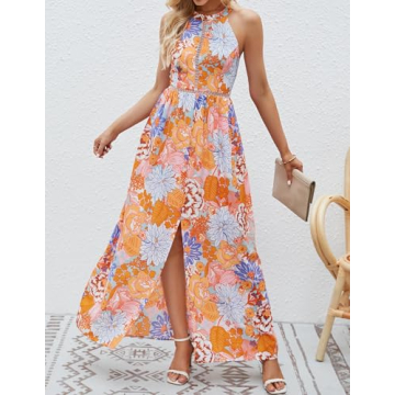 ZESICA 2024 Summer Halter Neck Floral Print Dress