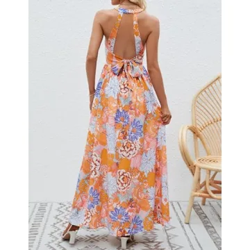 ZESICA 2024 Summer Halter Neck Floral Print Dress