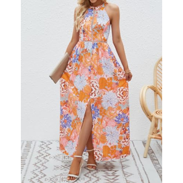 ZESICA 2024 Summer Halter Neck Floral Print Dress