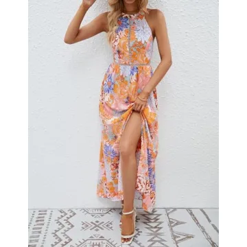 ZESICA 2024 Summer Halter Neck Floral Print Dress