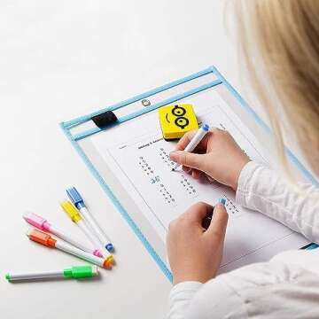 BONBELA Dry Erase Pockets 12 Pack - 10 x 13 Reusable Dry Erase Pocket Sleeves for Work & School Worksheets - Heavy Duty Clear Pocket Sleeves - Quickly Wipe to a Flawless Clean (Multicolor)