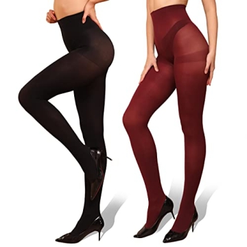 WAKUNA 2 Pairs Pantyhose Opaque Tights 40D Resistant Control Top (Black+Wine Red) - Large