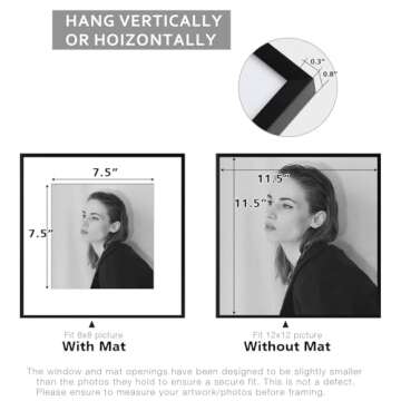 Golden State Art - 12x12 Aluminum Picture Frame - with Mat for 8x8 Photo or Without Mat for 12 x 12 Photo - Real Glass Cover - Simple and Elegant Decor for Wall Mounting - 1 Pack - Black