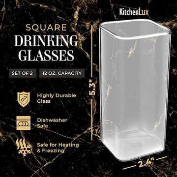 Kitchen Lux Square Drinking Glasses Set of 2 - Modern Glassware for Cocktails & Tea