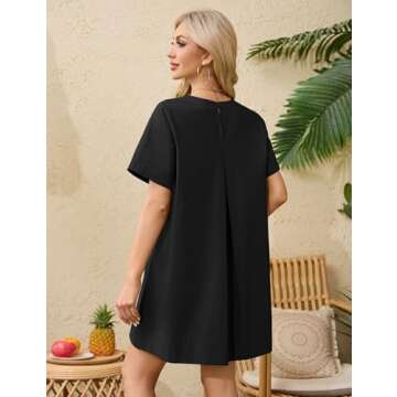 ICOBID Women's Summer Short Sleeve Mini Dress Loose Fit Button Back Mini Dresses Slit Tunic Shirt Short Dress with Pockets Black