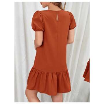 SweatyRocks Women's Short Puff Sleeve Ruffle Hem Mini Dress Casual Round Neck Solid Smock Dress L Rust Brown