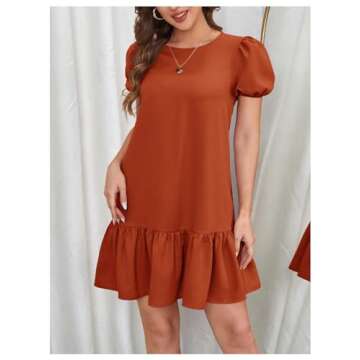 SweatyRocks Women's Short Puff Sleeve Ruffle Hem Mini Dress Casual Round Neck Solid Smock Dress L Rust Brown
