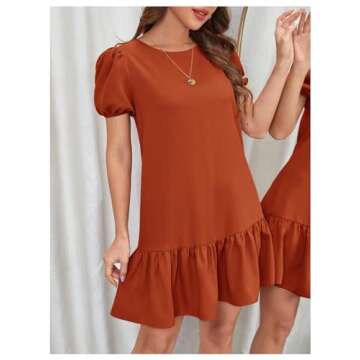 SweatyRocks Women's Short Puff Sleeve Ruffle Hem Mini Dress Casual Round Neck Solid Smock Dress L Rust Brown