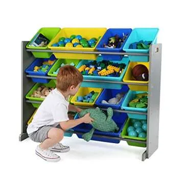 Humble Crew Supersized Toy Storage Organizer with 16 Removable Bins, Grey/Blue/Green/Yellow – Large Toy Storage for Toddlers Ideal for Kids' Rooms, Playrooms, and Nurseries - Modern Toy Bins for Kids