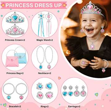 XFBB Princess Jewelry and Dress Up Shoes,Role Play Accessories with 4 Pairs of Princess Shoes,Crowns,Necklaces,Bracelets,Rings,Bags,Gifts Toys for Age 3 4 5 6 Years Old Toddlers Girls