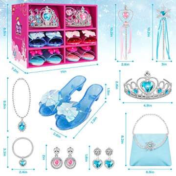 XFBB Princess Jewelry and Dress Up Shoes,Role Play Accessories with 4 Pairs of Princess Shoes,Crowns,Necklaces,Bracelets,Rings,Bags,Gifts Toys for Age 3 4 5 6 Years Old Toddlers Girls