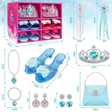 XFBB Princess Jewelry and Dress Up Shoes,Role Play Accessories with 4 Pairs of Princess Shoes,Crowns,Necklaces,Bracelets,Rings,Bags,Gifts Toys for Age 3 4 5 6 Years Old Toddlers Girls