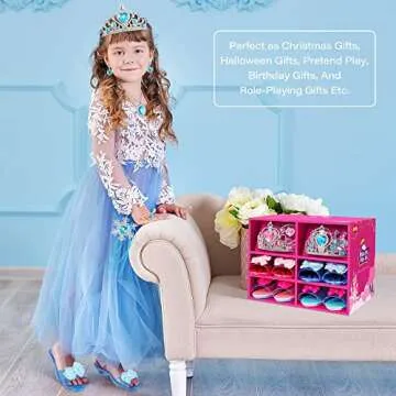 XFBB Princess Jewelry and Dress Up Shoes,Role Play Accessories with 4 Pairs of Princess Shoes,Crowns,Necklaces,Bracelets,Rings,Bags,Gifts Toys for Age 3 4 5 6 Years Old Toddlers Girls
