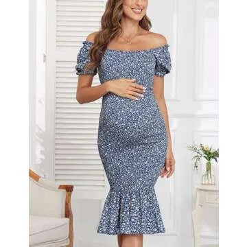 Maternity Summer Floral Midi Bodycon Dresses, Short Puff Sleeve Square Neck Ruffle Hem Mermaid Baby Shower Dress Blue L