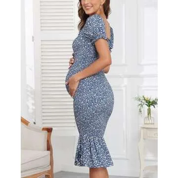 Maternity Summer Floral Midi Bodycon Dresses, Short Puff Sleeve Square Neck Ruffle Hem Mermaid Baby Shower Dress Blue L