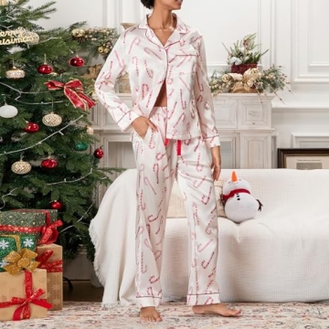 Women Y2k Silk Christmas Pajama Set Santa Print