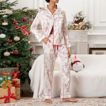 Women Y2k Silk Christmas Pajama Set Santa Print