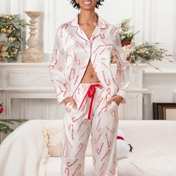 Women Y2k Silk Christmas Pajama Set Santa Print