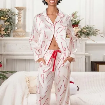 Women Y2k Silk Christmas Pajama Set Santa Print
