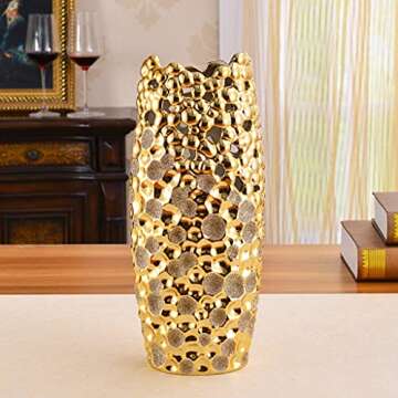 Gold Ceramic Vase Home Decor, Table Centerpiece Flower Vase, 14 inch Tall Creative Hollowed-Out Modern Ornament, for Wedding, Housewarming, Bridal Shower, Flower Arrangement