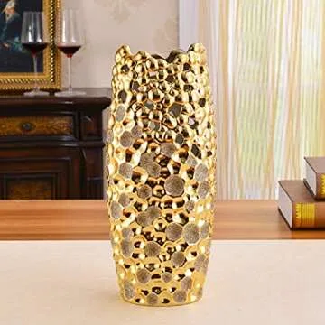 Gold Ceramic Vase Home Decor, Table Centerpiece Flower Vase, 14 inch Tall Creative Hollowed-Out Modern Ornament, for Wedding, Housewarming, Bridal Shower, Flower Arrangement