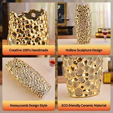 Gold Ceramic Vase Home Decor, Table Centerpiece Flower Vase, 14 inch Tall Creative Hollowed-Out Modern Ornament, for Wedding, Housewarming, Bridal Shower, Flower Arrangement