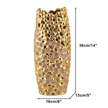 Gold Ceramic Vase Home Decor, Table Centerpiece Flower Vase, 14 inch Tall Creative Hollowed-Out Modern Ornament, for Wedding, Housewarming, Bridal Shower, Flower Arrangement