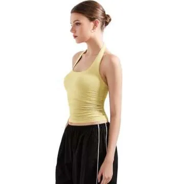 SUUKSESS Women Halter Tank Tops Double Lined Basic Backless Y2K Trendy Going Out Tops (Butter Yellow,S)