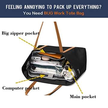 BUG Lightweight Women Laptop Tote Bag for Work, Casual Handbag for Travel Beach College Teacher Black