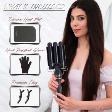 3 Barrel Curling Iron Wand - Triple Hair Waver & Crimper for Beach Waves Set, Ceramic Tourmaline with Adjustable Temperature - Hair Waver, Black
