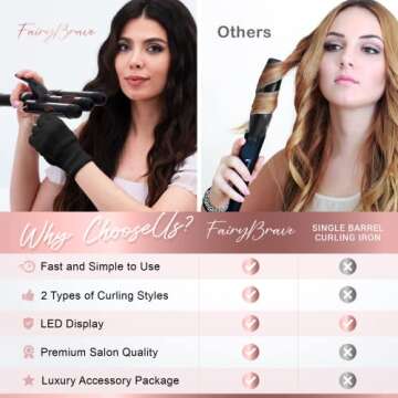 3 Barrel Curling Iron Wand - Triple Hair Waver & Crimper for Beach Waves Set, Ceramic Tourmaline with Adjustable Temperature - Hair Waver, Black