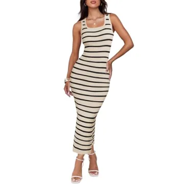 ZESICA Women's Summer Square Neck Bodycon Midi Dresses 2025 Casual Sleeveless Ribbed Knit Striped Be...